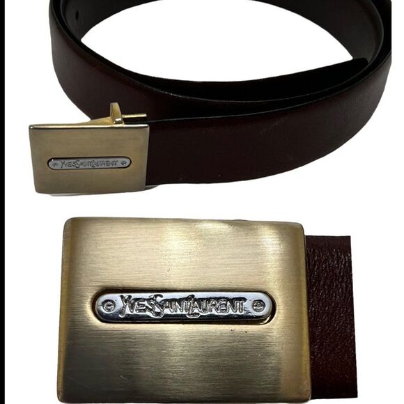 Vintage Yves Saint Laurent YSL Brown Leather 1" Square Belt with Logo Buckle 34 - Picture 1 of 16